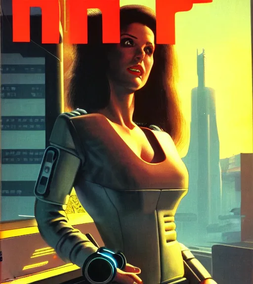 Prompt: cable plugged in, side of head, very very beautiful woman, cyberdeck computer terminal, chrome jacket, 1 9 7 9 omni magazine cover, style by vincent di fate, cyberpunk 2 0 7 7, very coherent, detailed, 4 k resolution, unreal engine, daz