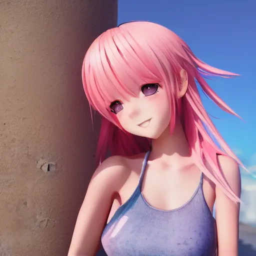 Prompt: Render of a cute 3d anime girl, long pink hair, full bangs, hazel eyes, cute freckles, full round face, soft smile, cute sundress, golden hour, serene beach setting, medium shot, mid-shot, trending on Artstation, Unreal Engine 4k