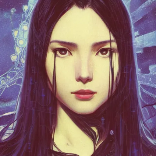 Image similar to portrait of a woman, long black hair, in front of a sci fi cityscape, by tetsuya nomura and annie swynnerton, makoto shinkai, alphonse mucha, detailed, cinematic, wide angle, dark sepia toned shading, luminescent eyes, detailed face, expressive eyes, blue fire everywhere, trending on artstation.