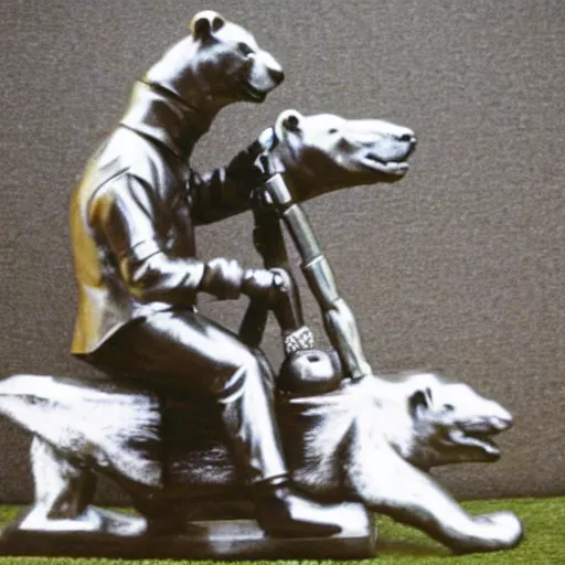 Prompt: pierre trudeau riding a polar bear, metal sculpture