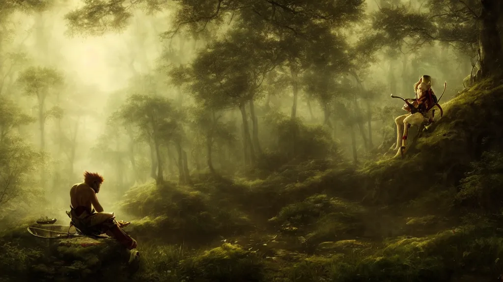 Image similar to sun wukong sitting alone in the melancholy forest. andreas achenbach, artgerm, mikko lagerstedt, zack snyder, tokujin yoshioka