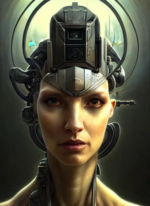 Prompt: closeup portrait shot of a sci - fi cyborg in a scenic dystopian environment, intricate, elegant, highly detailed, centered, digital painting, artstation, concept art, smooth, sharp focus, illustration, artgerm, tomasz alen kopera, peter mohrbacher, donato giancola, joseph christian leyendecker, wlop, boris vallejo