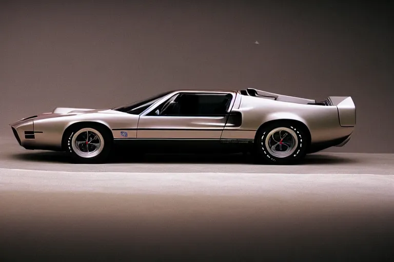 Image similar to designed by john delorean stylized poser of a single 1 9 6 9 fastback mustang! mk 2 ford gt 4 0!!!! ( delorean ), large led lights, ektachrome photograph, volumetric lighting, f 8 aperture, cinematic eastman 5 3 8 4 film