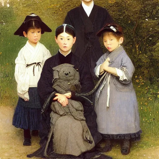 Prompt: a family portrait, all dressed in japanese streetwear, by albrecht anker, jules bastien - lepage, william henry hunt, beautiful painting, soft lighting