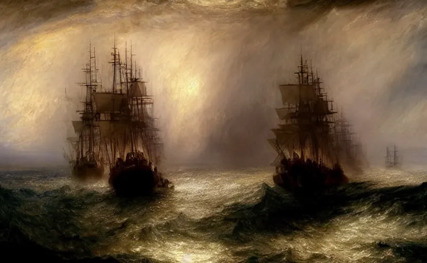 Image similar to epic naval battle, pirate galleons and millennium falcon. by artstation trending, by joseph mallord william turner, luis royo, konstantin razumov, cinematic lighting, fractal flame, highly detailed