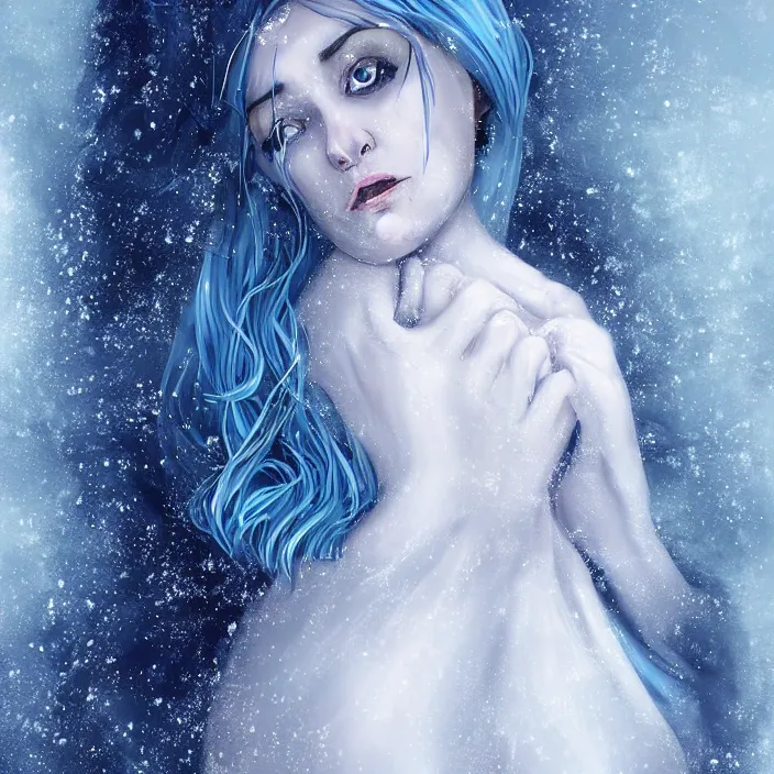 Prompt: full body portrait of a woman dying of hypothermia, with very white skin and pale blue hair wearing a long white dress made out of snowflake in the middle of a heavy snowstorm. sickly looking. digital art by maromi sagi