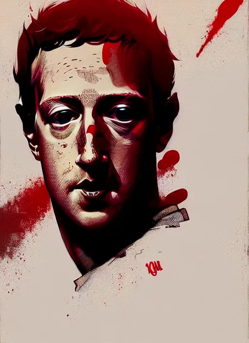 Image similar to highly detailed closeup portrait of mark zuckerberg, mudoken, by atey ghailan, by greg rutkowski, by greg tocchini, by james gilleard, by joe fenton, by kaethe butcher, gradient red, black, brown and white color scheme, grunge aesthetic!!! white graffiti tag wall background