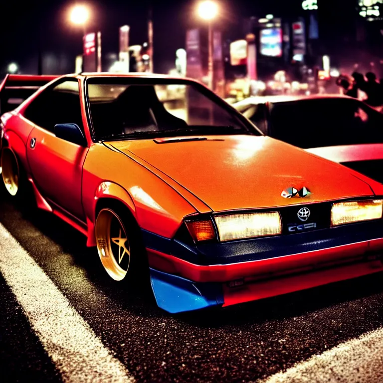 Image similar to close-up-photo Toyota Celica turbo illegal street meet, detailed-wheels, Shibuya Shibuya, cinematic colors, photorealistic, highly detailed, night photography