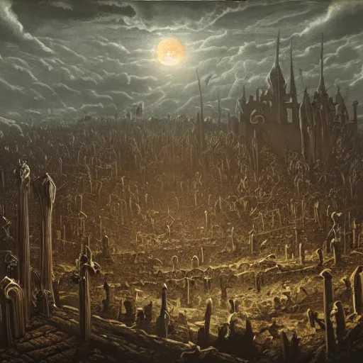 Prompt: an ominous nightmare of a river of blood spreading death and tarnation over a tarninshed graveyard in ruins, gothic, castelvania, decay and destruction, by stephen gammel, franz sedlacek, gustave dore, fromsoftware, matte painting, super wide angle, aerial photography, trending on artstation, epic masterpiece,