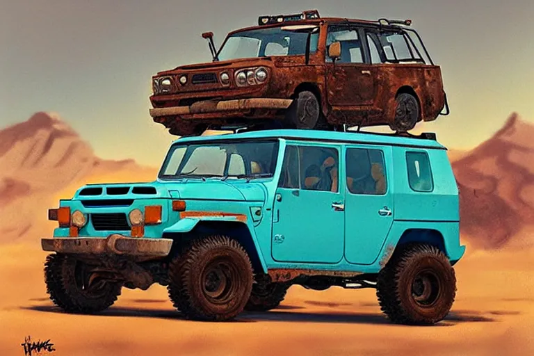 Image similar to digital illustration of a faded cyan mad max's fj 4 0 decrepit!!!! pursuit special, rusty!!! nissan fj cruiser heavily modded 1 9 9 0 s, the last v 8 interceptor by makoto shinkai, ilya kuvshinov, lois van baarle, rossdraws, basquiat