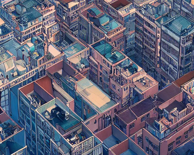 Image similar to teen standing on the roof of a building, bird eye view, fisheye view, illustration, by pine ( ハイネ ) and 薯 子 imoko and 香 川 悠 作 and wlop and maya takamura, highly detailed, trending artstation, pixiv, digital art