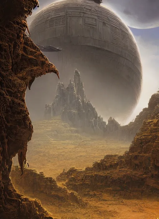 Prompt: matte painting used for cover of book by Edgar Rice Burroughs, realistic rendering, unreal engine, 4k, hdr, high dynamic range, f12, michael whelan, james gurney, high tech, star wars cavern interior