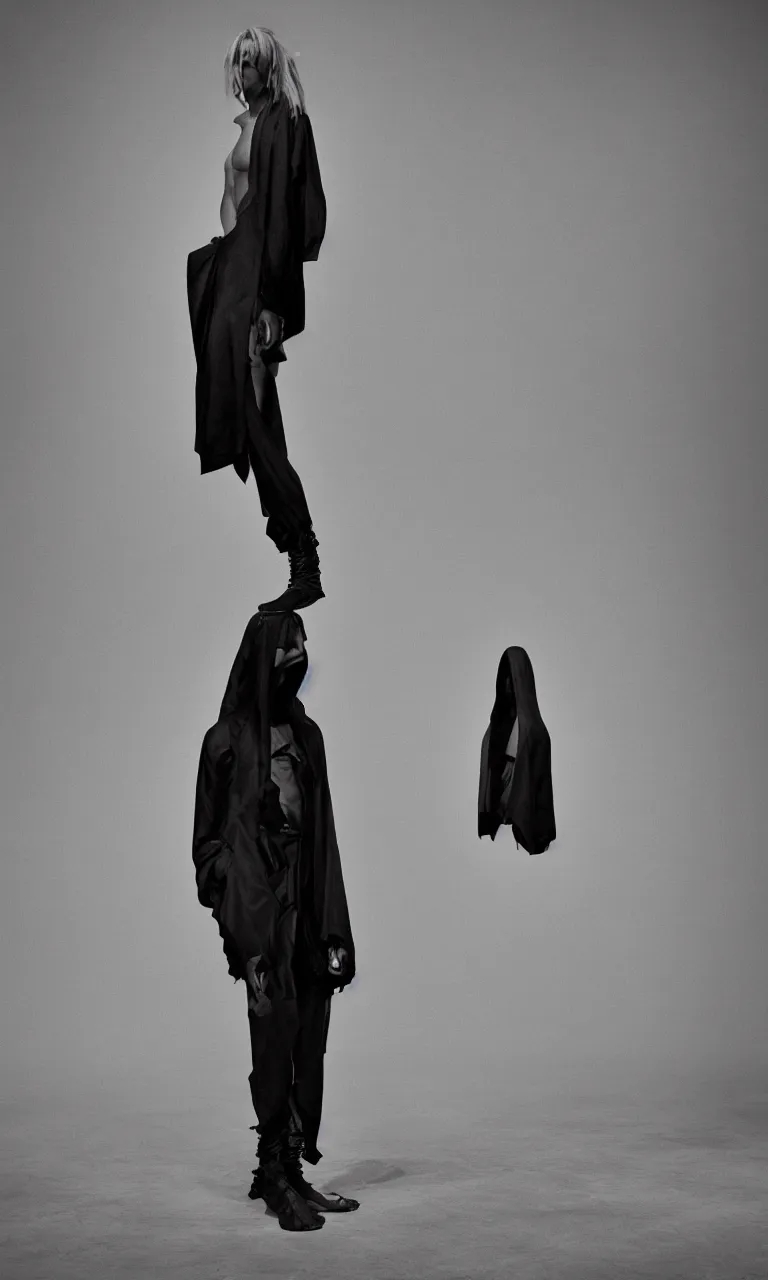 Prompt: a single beautiful model, Rick Owens look and clothes, there is only a single person in the entire image, avant garde fashion, Y3, trending on r/streetwear, fit pic, rule of thirds,
