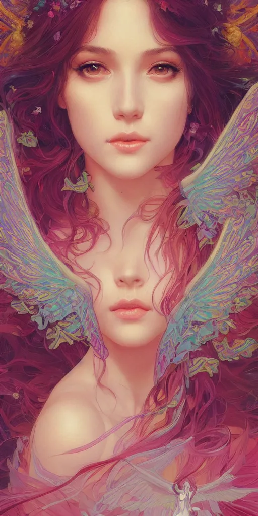 Image similar to beautiful, young woman, sad eyes, tears running down, vaporwave aesthetic, synthwave, colorful, psychedelic, long gown, ornate, intricate, angelic wings, digital painting, artstation, concept art, smooth, sharp focus, illustration, art by artgerm and greg rutkowski and alphonse mucha