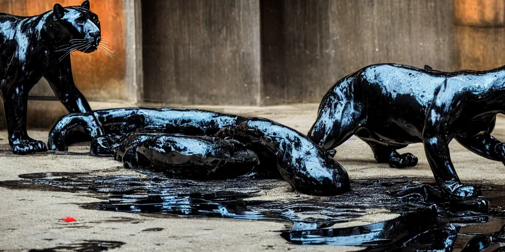 Image similar to the smooth black jaguar, made of smooth black goo, bathing in tar in the zoo exhibit, viscous, sticky, full of tar, covered with black goo. photography, dslr, reflections, black goo, zoo, exhibit