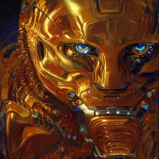 Prompt: highly detailed portrait of a robotic humanoid tiger mecha, painting by gaston bussiere, craig mullins, j. c. leyendecker, lights, art by ernst haeckel, john william godward, hammershøi, alex grey, dmt