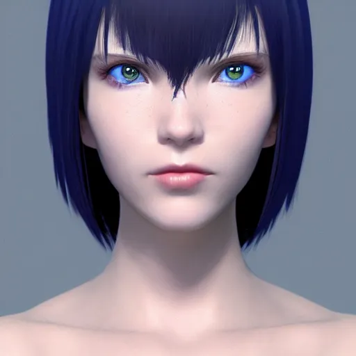 Image similar to « portrait, attractive, blue eyes, black hair, middle length hair, ghost in the shell, front view, unreal engine 5 »