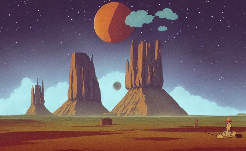Image similar to a realistic cell - shaded studio ghibli concept art from paprika ( 2 0 0 6 ) of a flying multi - colored rocketship from close encounters of the third kind ( 1 9 7 7 ) in a flooded monument valley stonehenge jungle with giant trees on a misty starry night. a pack of camel are in the foreground. very dull colors, portal, hd, 4 k, hq