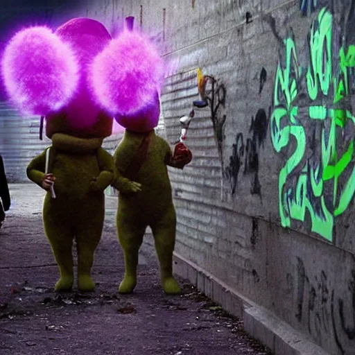 Prompt: Barney at war with mutant furry teletubbies in abandoned radiated graffiti town