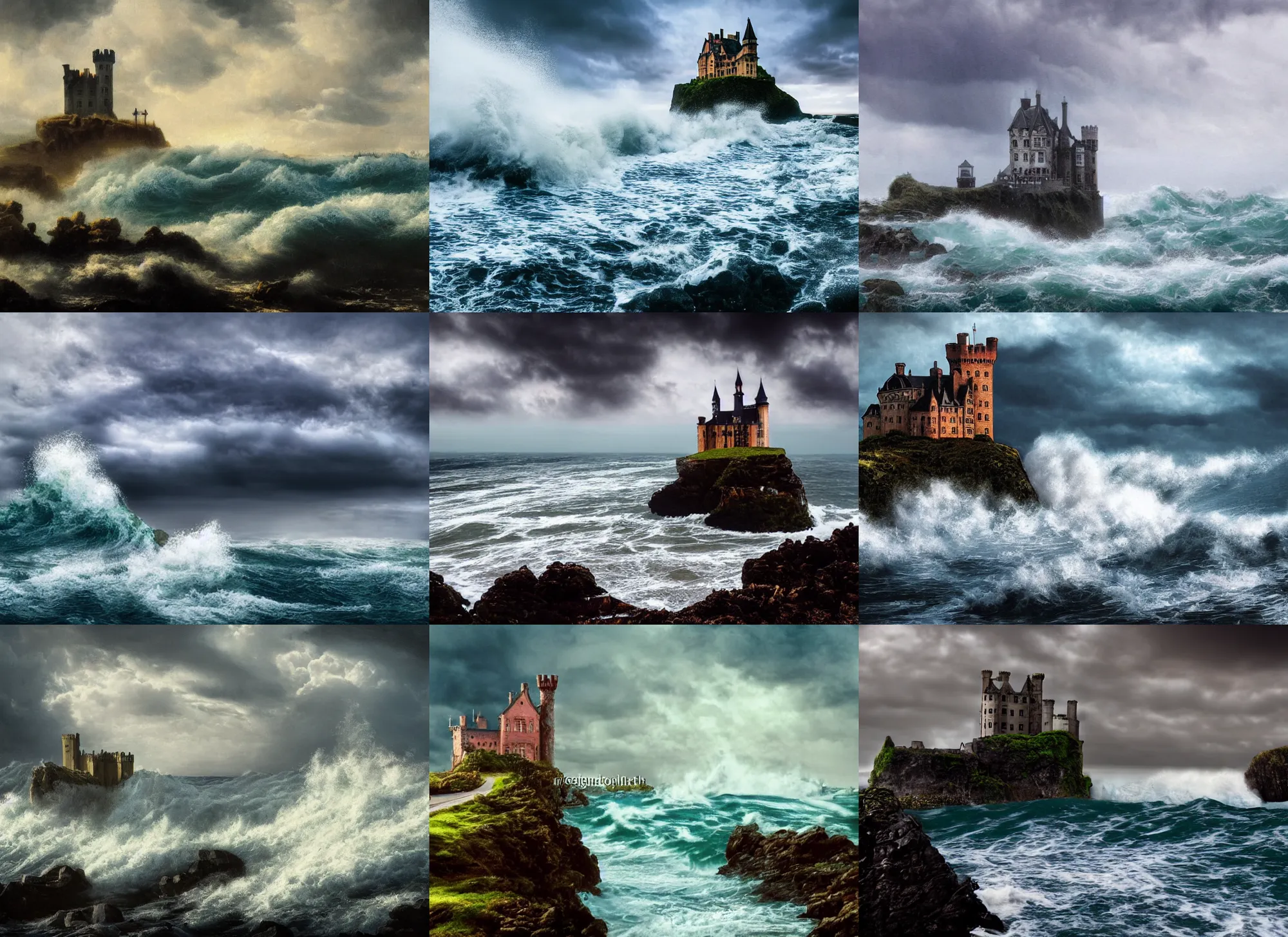 Prompt: raging ocean waves wash over a lonely gothic castle on a cliff in the background, 8 k, epic composition, oil painting, cinematic light, cloudy sky