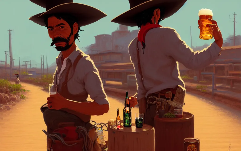 Image similar to juan caloto beer illustration of a mexican man,, with one small, dirt, wild west, with hat, drinking a beer at train station, fantasy, intricate, elegant, highly detailed, digital painting, artstation, concept art by makoto shinkai, ilya kuvshinov, lois van baarle, rossdraws, basquiat,