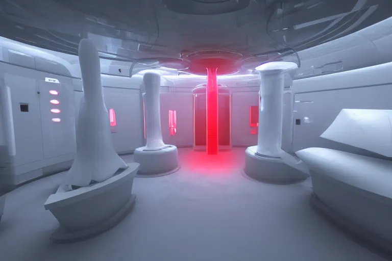 Image similar to interior of cryogenic pods room inisde an alien spaceship, red light on pods, volumetric lighting, atmospheric