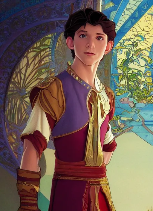 Image similar to skinny young tom holland as prince ali ababwa in the sultan's palace, cinematic lighting, path traced, highly detailed, high quality, beautiful painting, by don bluth and ross tran and studio ghibli and alphonse mucha, artgerm