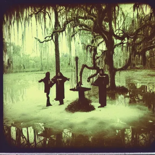 Prompt: occult ritual in a bayou swamp Polaroid picture