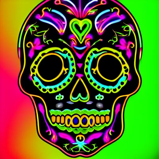 Prompt: “sugar skull made of chrome, neon lighting, digital art”