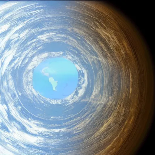 Prompt: landscape image : earth seen from space looking into a mirror reflecting a sphere resembling a black hole.