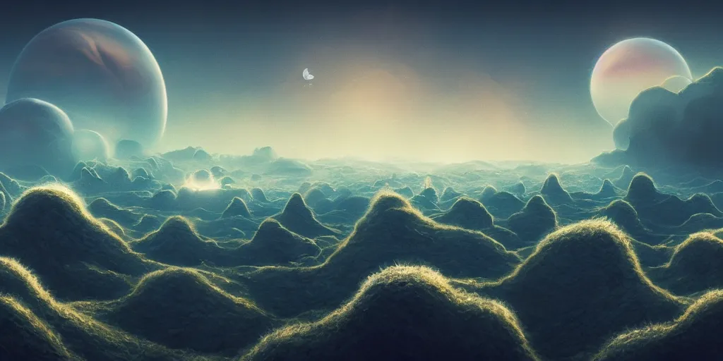 Image similar to a view of a surreal alien variated planet landscape, surreal clouds, floating islands, 4 k, retro, detailed, beautiful view, trending on artstation