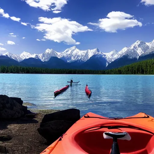 Image similar to a beautiful image of a breathtaking lake with amazing mountains in the background, there is a kayak in the foreground on the beach. landscape image