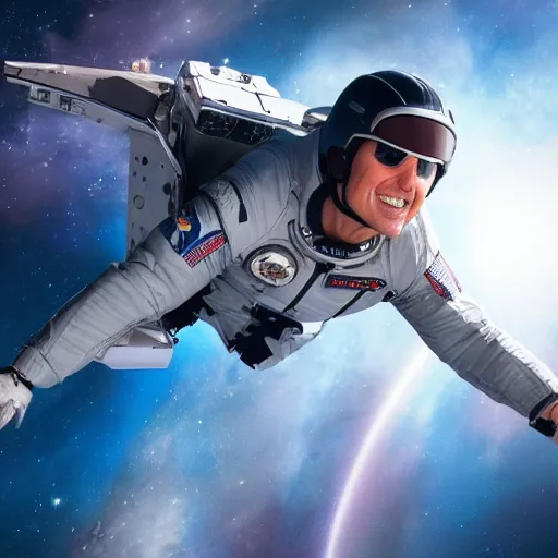 Image similar to Tom Cruise riding a spaceship in space. 8k. UHD. 4K. HQ.