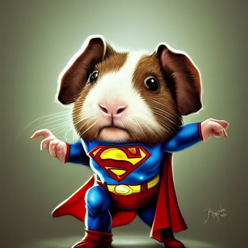 Prompt: cute little anthropomorphic Guinea Pig, dressed as Superman ultra wide lens shot , tiny, small, short, cute and adorable, pretty, beautiful, DnD character art portrait, matte fantasy painting, DeviantArt Artstation, by Jason Felix by Steve Argyle by Tyler Jacobson by Peter Mohrbacher, cinematic lighting