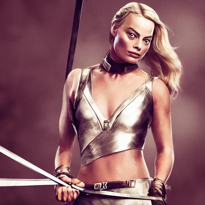 Prompt: margot robbie, holding broadsword. very coherent symmetrical artwork. cinematic, high detail, octane render, 8 k