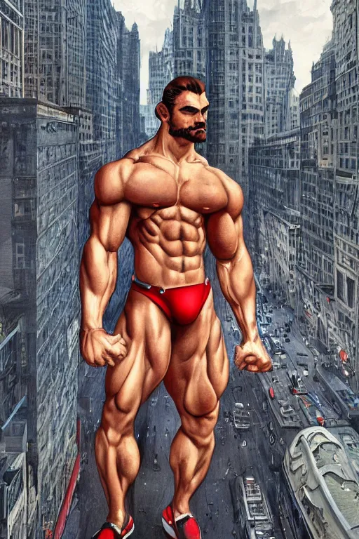 Image similar to gigachad luigi bodybuilder in the city by ilya kuvshinov, ernest khalimov body, super mario bros symmetrical face concept art, hyper realistic, intricate, elegent, highly detailed, digital painting, concept art, smooth, sharp, focus, illustration, art by artgerm and greg rutkowski and alphonse mucha, artstation