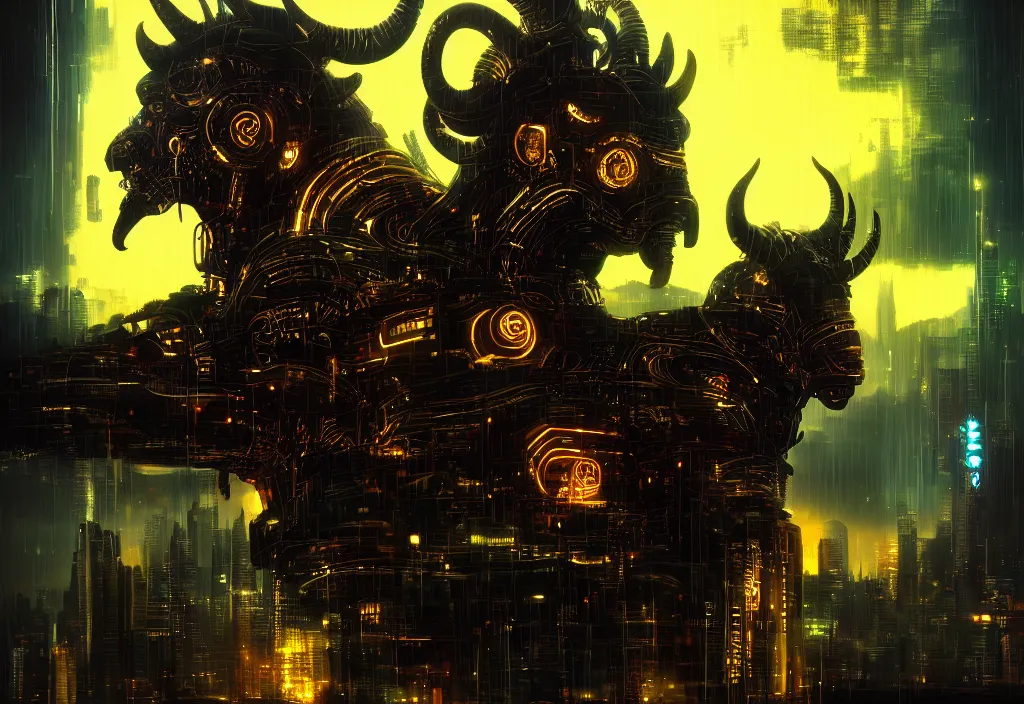 Prompt: cyberpunk Black ram with golden horns portrait, detailed face and eyes, city background, by anato finnstark and leiji matsumoto