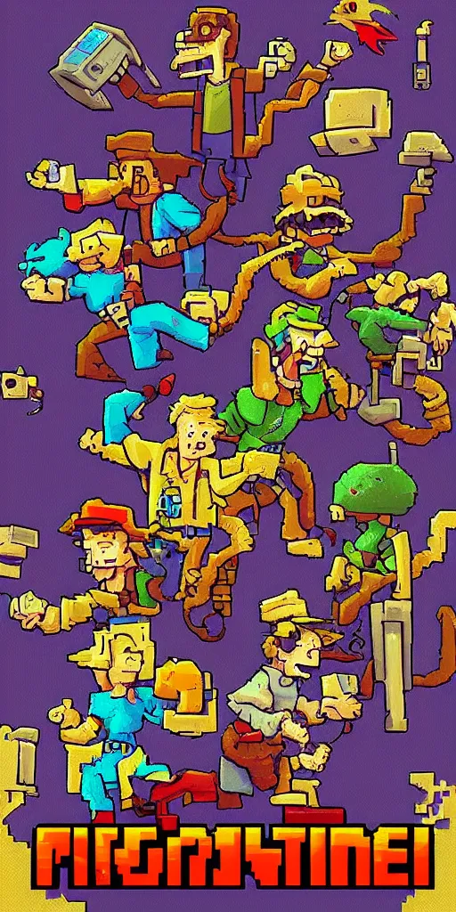 Prompt: cover artwork for a retro pixel art game about the adventure of a guy & rat enemies, 8k,