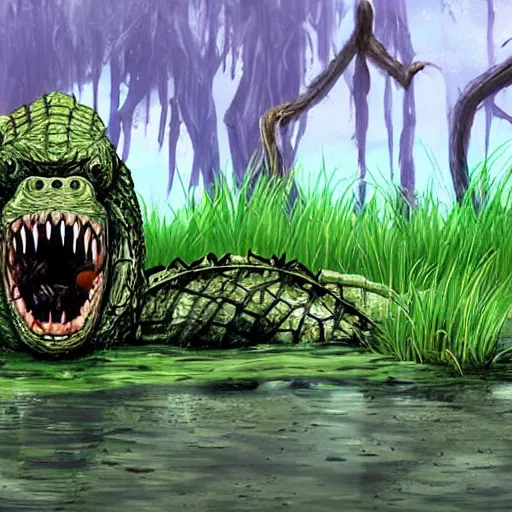 Prompt: A giant monster lurking in the swamp, crocodile, mangrove swamp, murky water, vines, gorilla