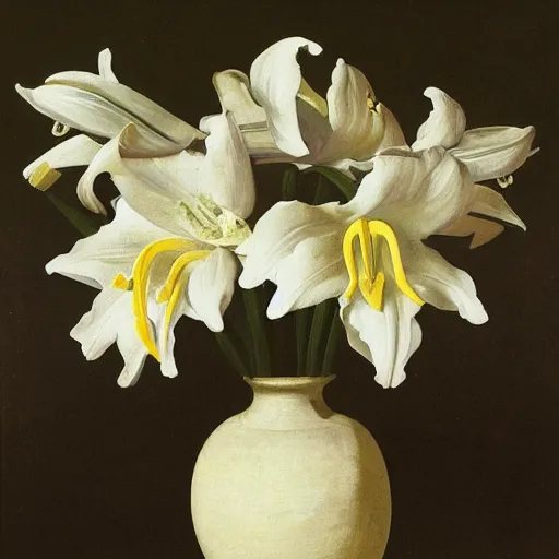 Prompt: a still life painting of a skill with diamonds in its eyes surrounded by white lilies all in front of a dark shadowy background by francisco de zurbaran