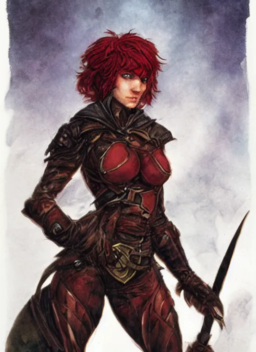 Image similar to portrait of strong female rogue, beautiful! coherent! dungeons and dragons character, by brian froud, strong line, night color, leather armor, short red hair, high contrast