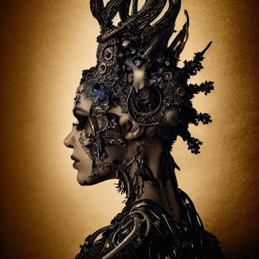 Image similar to a female model by stefan geselle and nekro borja, photorealistic, biomechanical, intricate details, hyper realistic, ornate headpiece, dark beauty, photorealistic, canon r 3, photography, wide shot, photography, dark beauty, symmetrical features