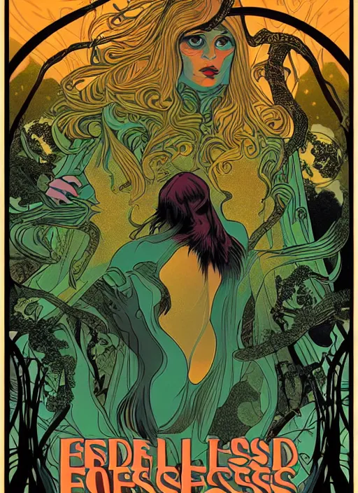 Image similar to endless forest, black holes, art nouveau, 7 0 s pulp poster art, majestic character, detailed