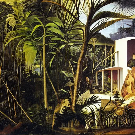 Prompt: a mystic town deep in the jungle, modern architecture, painted by caravaggio