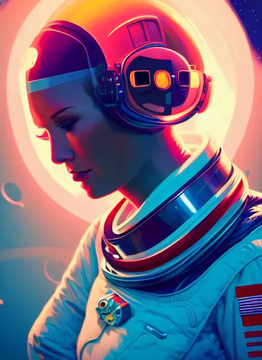 Prompt: retrofuturistic portrait of a woman in astronaut helmet, space graphics art behind, close up, wlop, dan mumford, artgerm, liam brazier, peter mohrbacher, 8 k, raw, featured in artstation, octane render, cinematic, elegant, intricate, 8 k