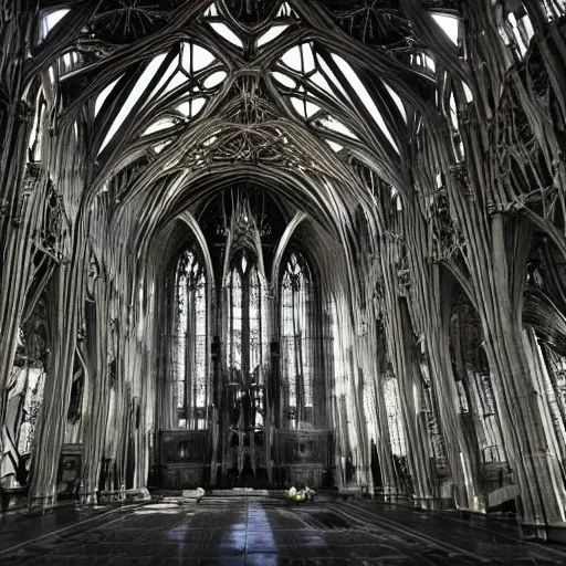 Prompt: massive interior of an alien mothership, never seen before, mixture of technology and biology, elements of gothic architecture can be seen