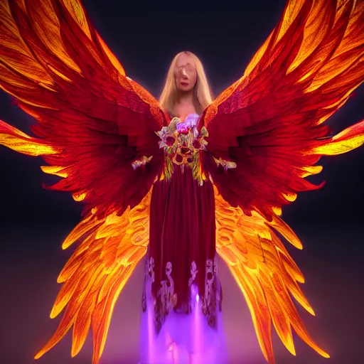 Image similar to a beautiful orchid phoenix angel woman, in an ornamented dress with large wings, photorealism, unreal engine, volumetric light, god rays, 8 k high resolution, rubies
