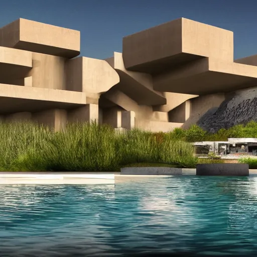 Image similar to architectural rendering of habitat 6 7 in the desert, biophilia mood, pool, garden