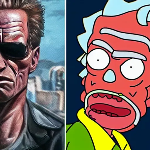 Image similar to The Terminator in Rick and Morty, hyper realistic, HD, HQ, photo realistic