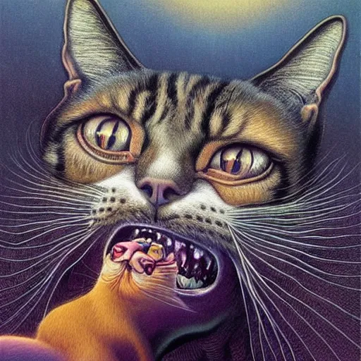 Image similar to a cat having an ego trip, by alex grey, by Esao Andrews and Karol Bak and Zdzislaw Beksinski and Zdzisław Beksiński, trending on ArtStation